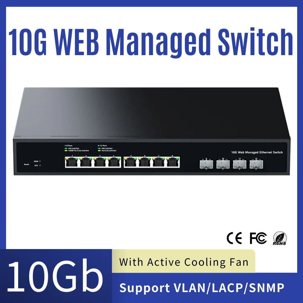 

10Gb 8 Port Web Managed Ethernet Switch 10000M Network Switch with 4 Port SFP+ Homelab Networking Hub Internet Splitter
