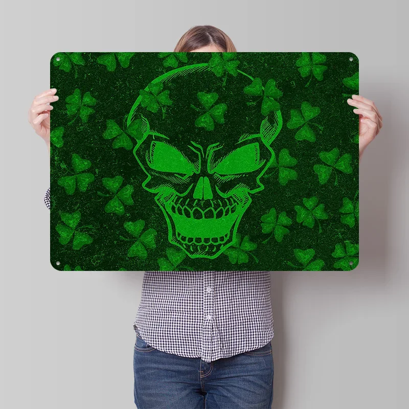 St Patricks Day Skull 3D Texture Metal Poster Customized Wall Art Tin Sign Gift for Mancave Home Decor Ornaments Bar Accessories