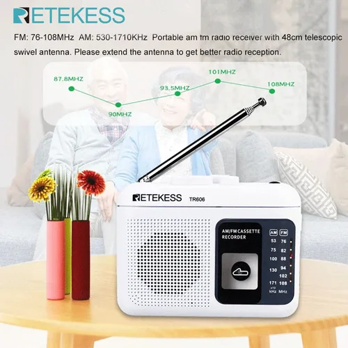 Imagen 1 del producto Retekess TR606 Radio de reproducción de casete blanco FM/AM grabadora de voz portátil compatible con micrófono incorporado/externo grabación USB C