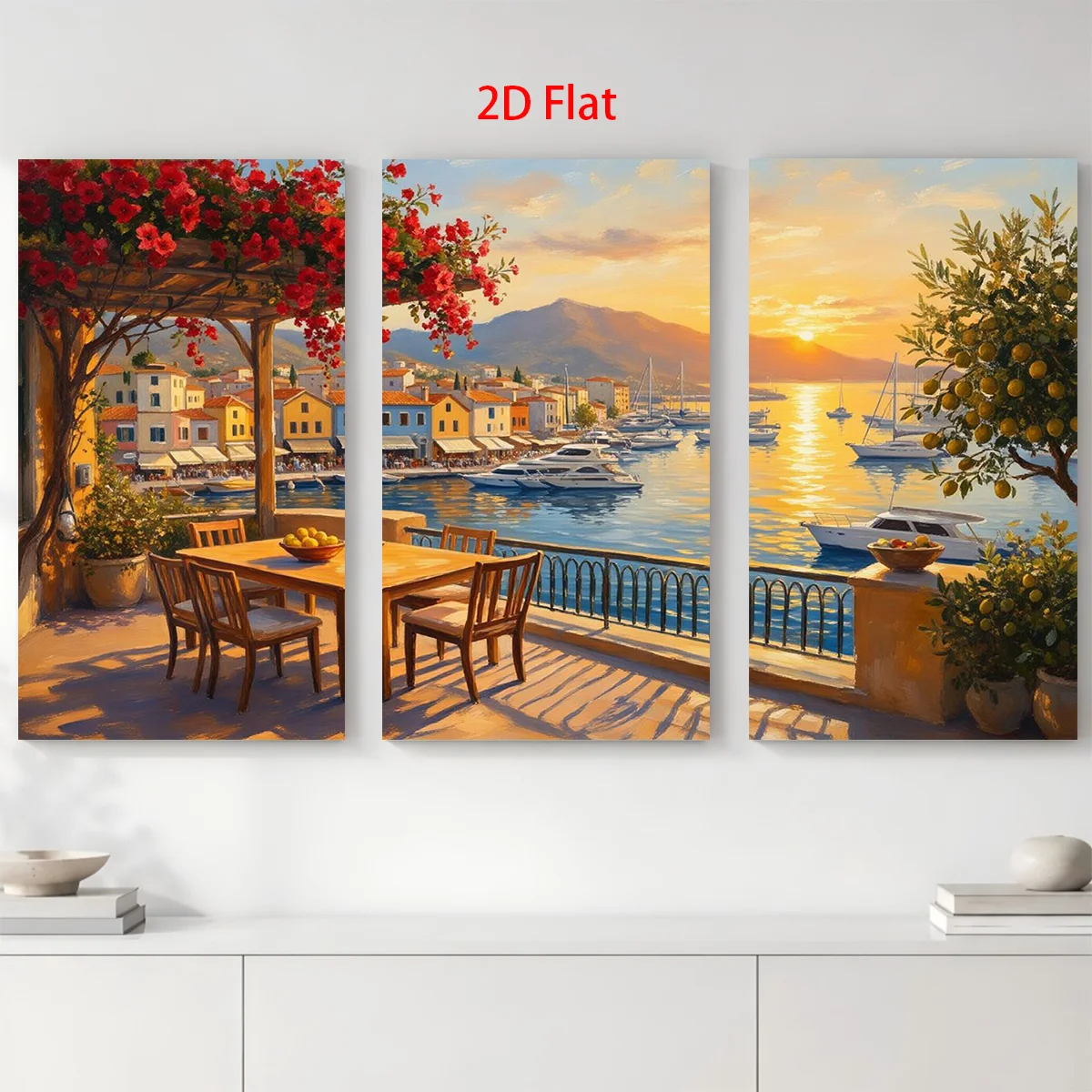 Frameless 2D Flat 3PCS- Three 2D flat paintings show a coastal scene with flowers boats and sunset Themed Canvas Wall Art, Wa