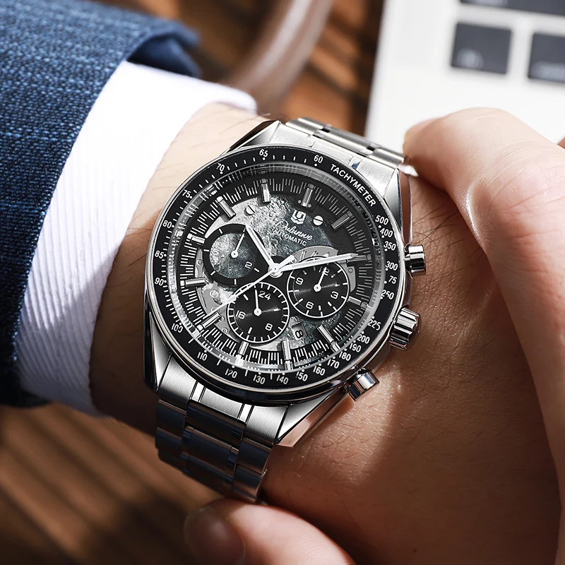 DULUNWE Men's Luxury Mechanical Watch Moon Meteorite Surface Design Day Date Fashion Automatic Watch Men's Clock
