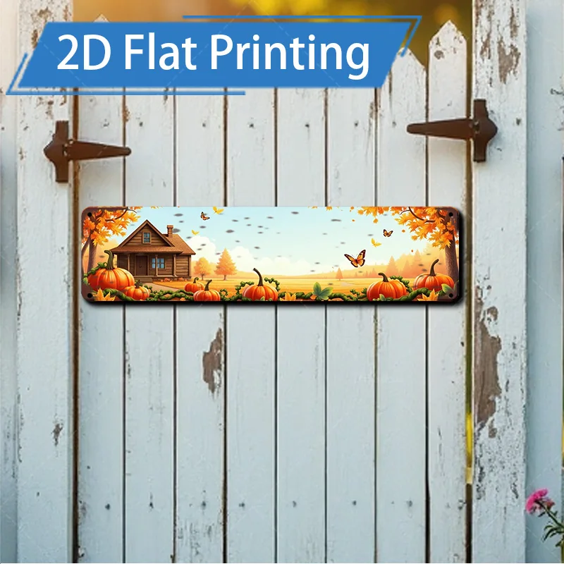 1pc 4x16inch Metal Sign Autumn Farmhouse Scene Flat Printing Metal Sign with Pumpkins and Butterflies Decor