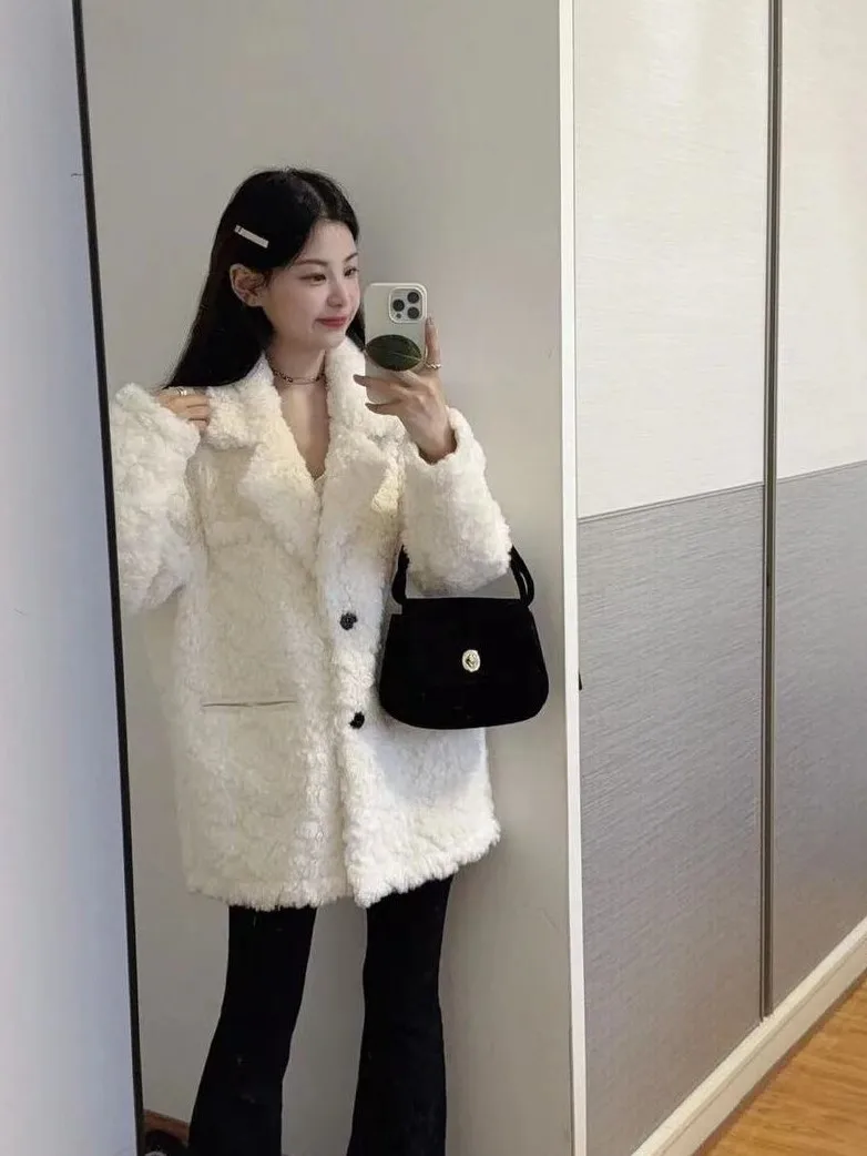 

Tweed Jacket Vintage Fashion Suit Outwear Woman Womens Winter Cozy Shearling Lapels Chunky Self-Stowable Decorated Matte Stylish