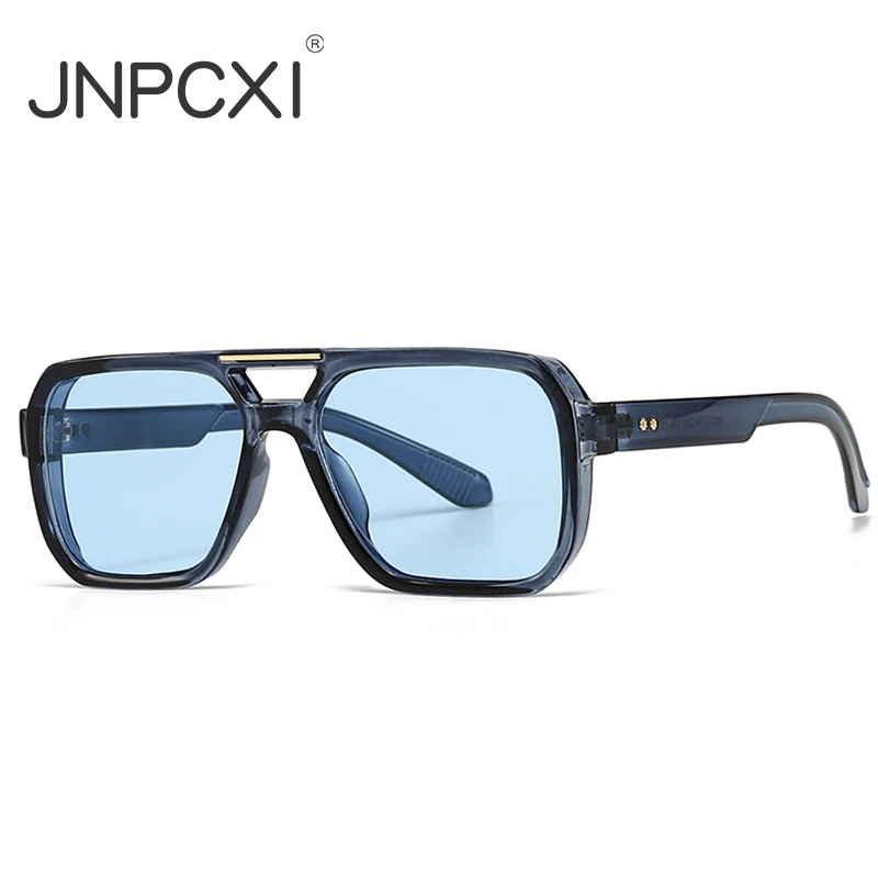 JNPCXI Fashion Double Bridges Square Sunglasses Women Retro Rivets Green Leopard Shades UV400 Men Outdoor Gradient Sun Glasses