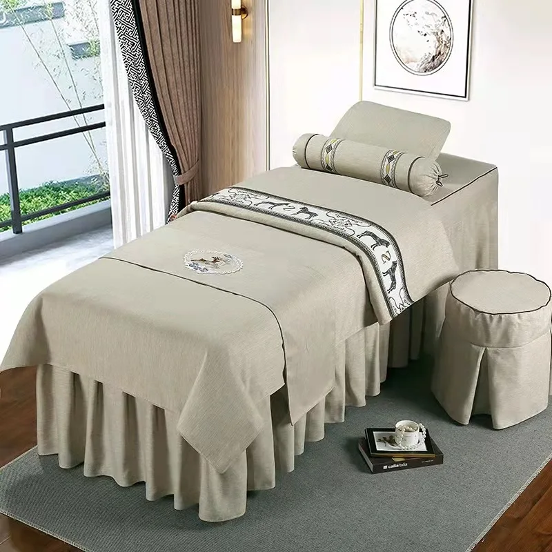 4pcs Cotton Bedding Sets for Beauty Salon Massage Spa Tuina Sabnanas Bedskirt+Pillowcase+stool Cover+ Duvet Cover Beddings Sets