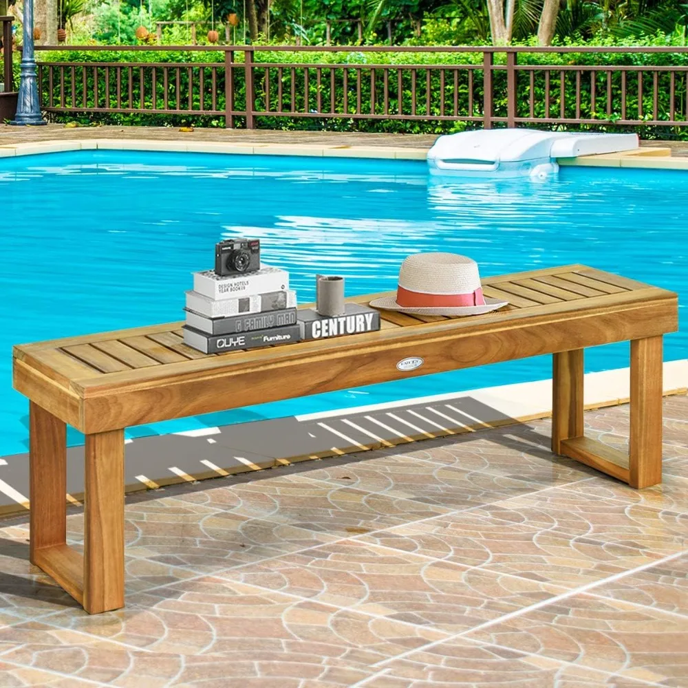 Acacia Wood Outdoor Bench, Wood Bench for Dining Room Entryway Poolside Garden, Patio Backless Dining Bench with Slatted Seat