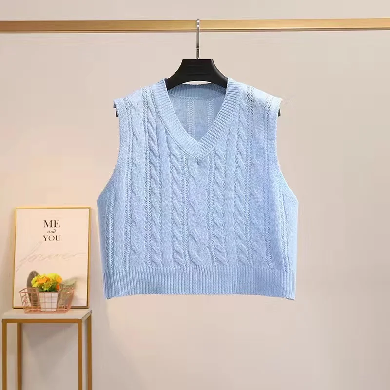 V-neck Cable Knitted Sweater Vest Women Spring Autumn Sleeveless Pullover Korean Style Cute Green Blue Pink Yellow Sweater Top