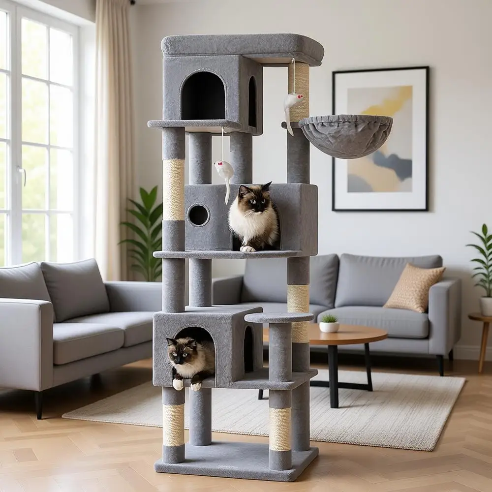 

Многоуровневая лазалка-башня для кошек 66 дюймов, кошачий домик-кресло для кошек, с большой платформой, 3 кошачьими домиками-пещерками, для нескольких кошек в помещении