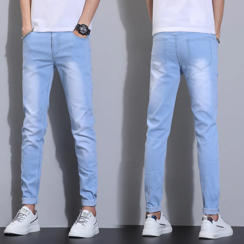

2024 Men's Autumn New High Elastic Jeans Sky Blue Fashion Slim Fit Casual Denim Trousers Classic Cotton Skinny Pants