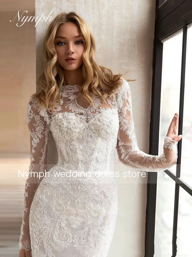 Customized luxurious Wedding Dresses With Detachable Train O-Neck Long Sleeves Bridal Gowns Lace Appliques Vestidos De Novia