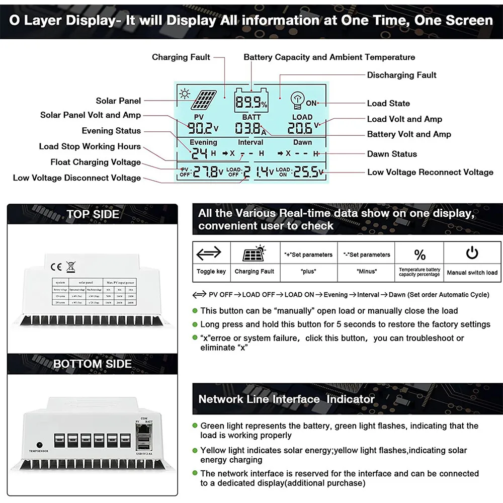 OOYCYOO MPPT جهاز التحكم في الشحن 100 أمبير 12 فولت/24 فولت، منظم شحن الألواح الشمسية 100 أمبير مع شاشة LCD Blacklight بحد أقصى 100 فولت #4