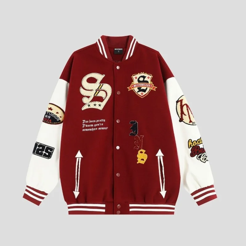 

Embroidery Varsity Jackets Men Campus Spliced PU Sleeves Vintage Bomber Jackets Women America Streetwear Women Clothes Unisex