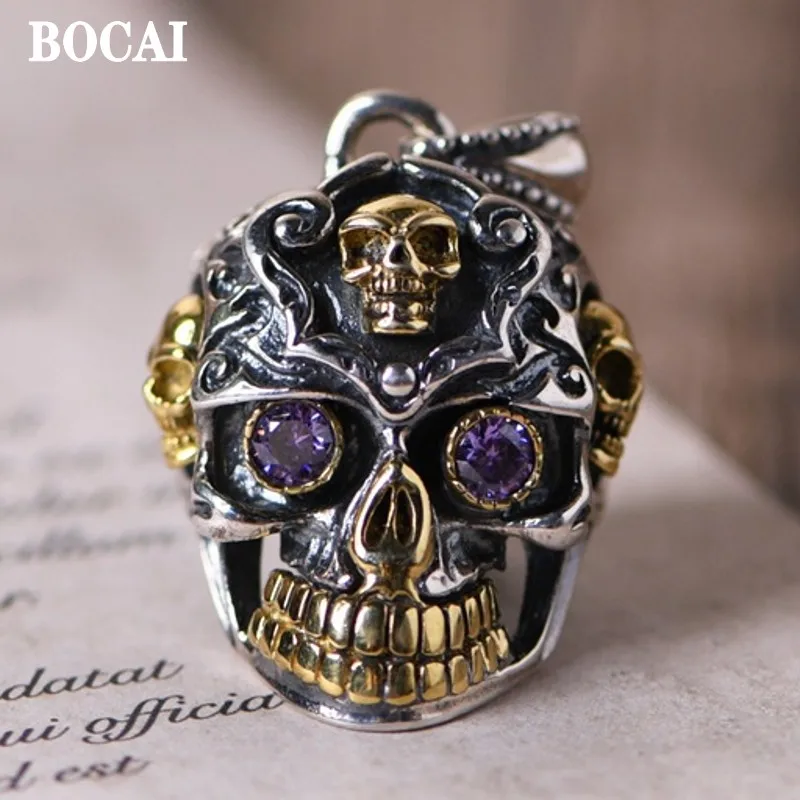 BOCAI 2023 New Real S925 Pure Silver Jewelry Accessories Hip Hop Crafts Inlaid Zircon Skull Man Pendant Fashion Birthday Gift