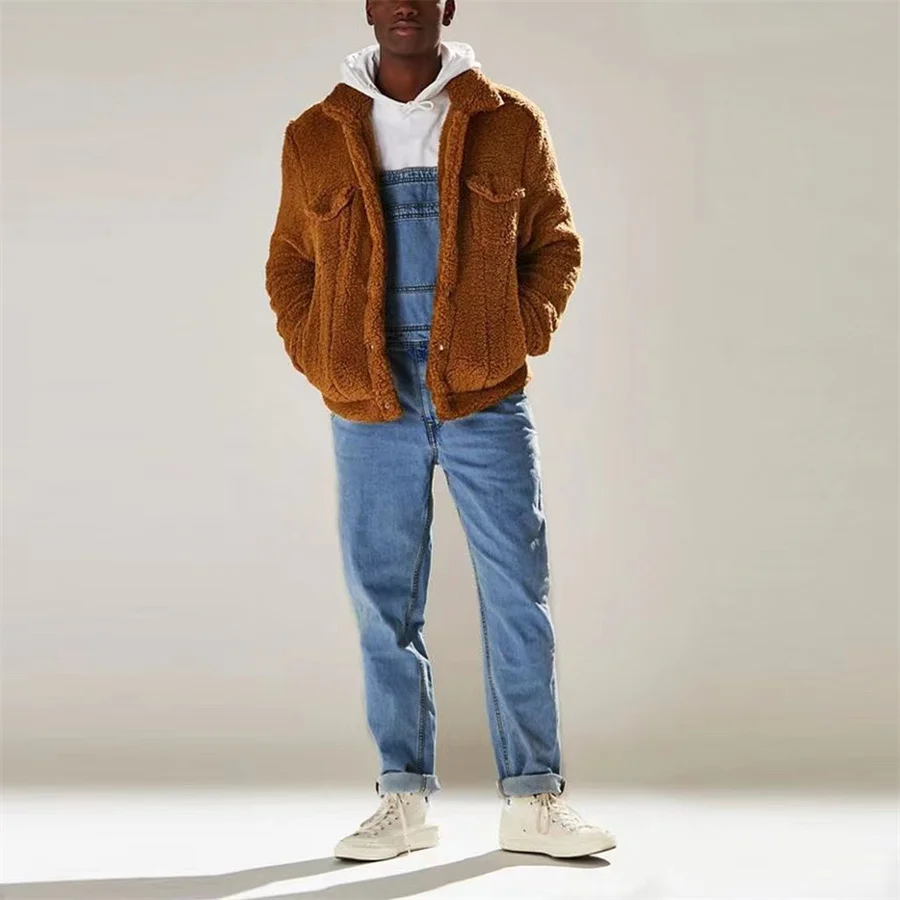 Streetwear Men\'s Solid Color Multi-pocket Denim Jeans Bib Overalls Daily Denim Jumpsuit One-piece Male Suspender Long Pants
