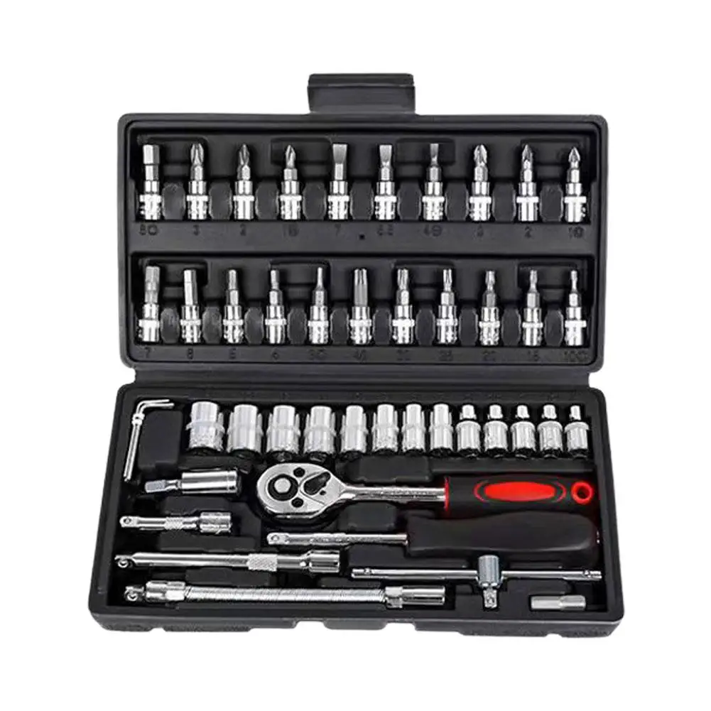 46Pcs 1/4 "Antrieb Metric Flexible Kopf Ratsche Spanner Tool W/Schwarz Set Fall Werkzeug Reparatur Mechaniker kit Auto Combinat F0L5