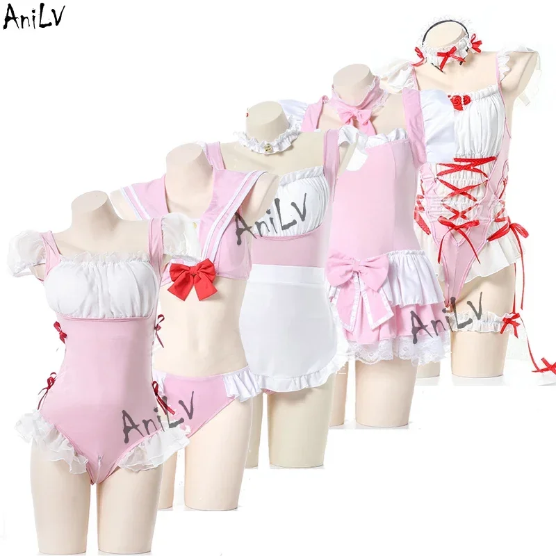 SN60 AniLV Lolita Girl Maid Swimsuit With Chest Pad Uniform Series Anime Pink Bodysuit Sukumizu Swimwear Pajamas Costume Cosp1&2