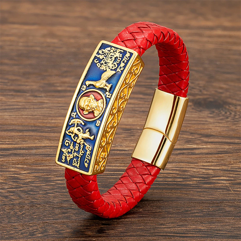 New Thailand Buddha Brand Long Po Rui Bracelet Religious Stainless Steel Bracelet Men And Women The Same Red Black Leather Rope