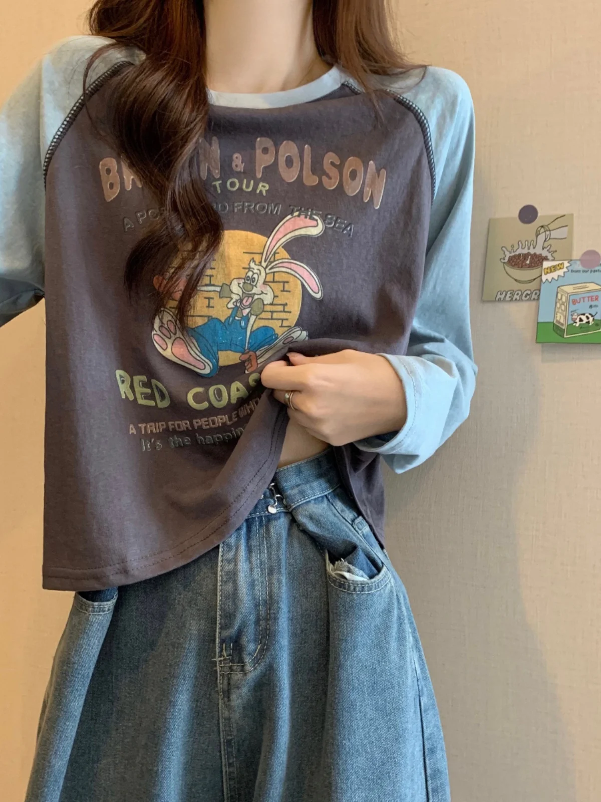 Women's Fall Fashion 2026 New Dopaamine Long Sleeve T-Shirt Shoulder Insert Design Short Top Street Style round Neck Print Ca...