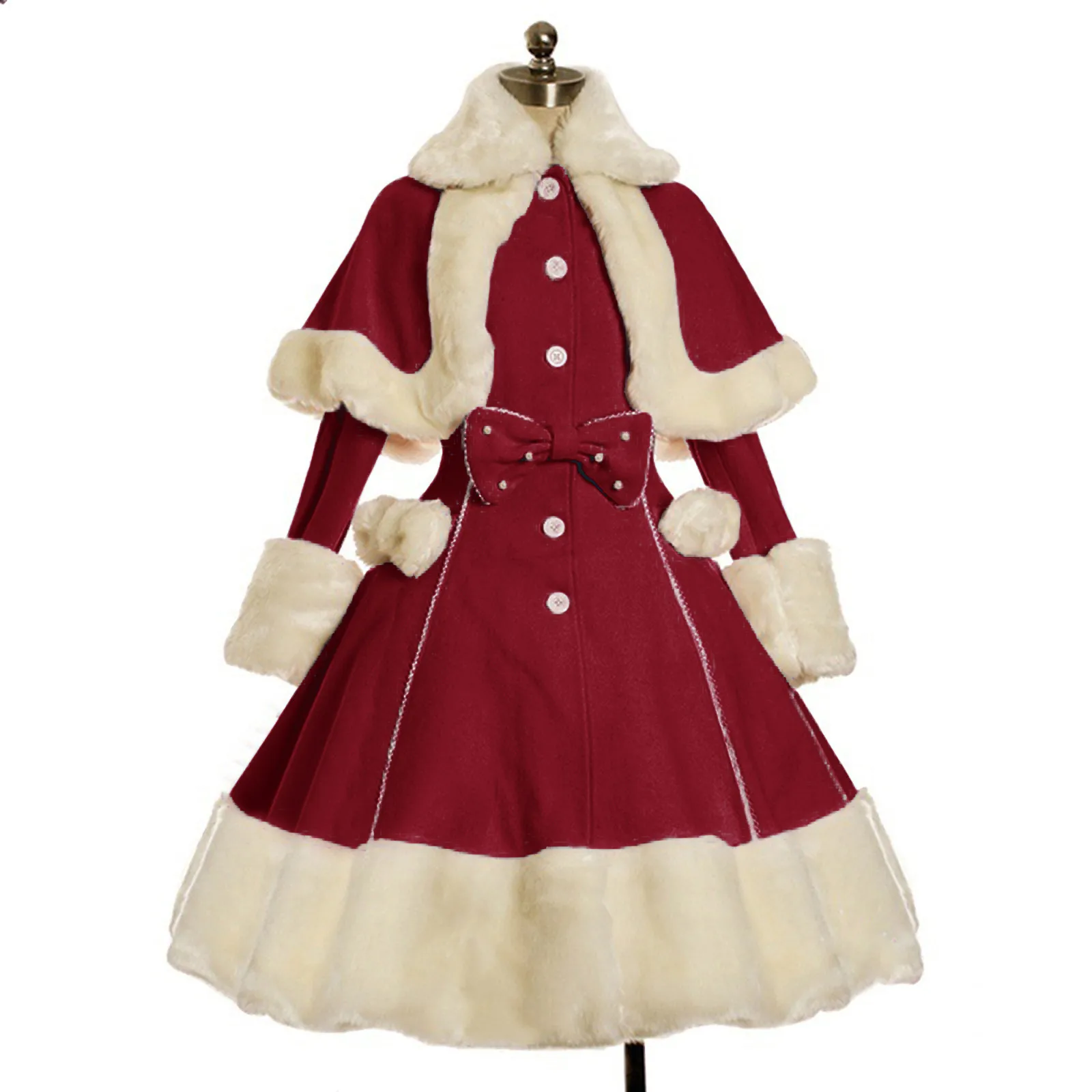 Vintage Gothic Lolita Dress Suit Women Fur Collar Long Sleeves Shawl Cute Single Breasted Winter Warm Thick Bow Dresses Costume