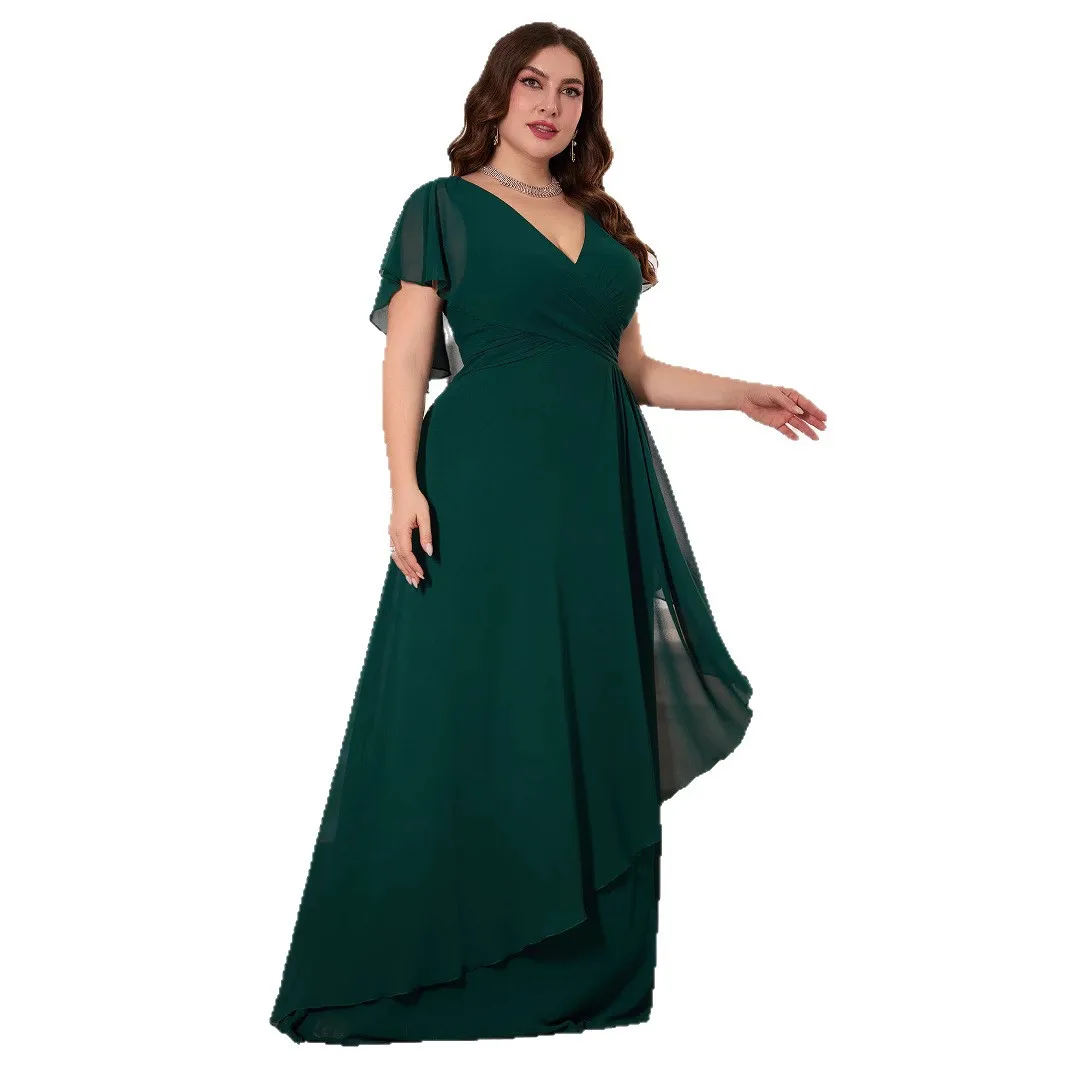 Plus Size Pure Color V-Ne Lantern Sve Asymmetrischer Saum Chiffon Dr. Sommer Hohe Taille Thiened Summer 2025