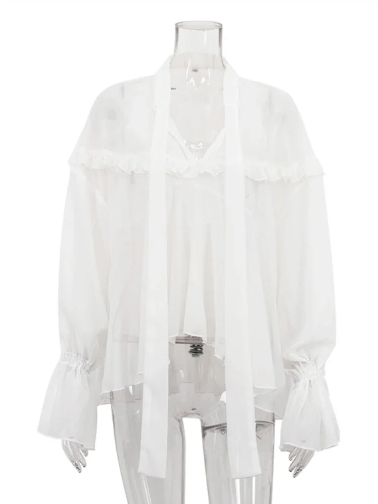 New White Flounce Blouse Top For Women Flare Sleeve V-Neck Loose Lacing Casual Ruffled Autumn 2025 Outwear Women's Shirts Tee