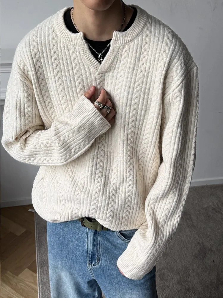 

Loose Fit Men's Knitted Sweater Small V-Ne Wool Blend Casual Autumn Winter Twist Knitwear Comfortable Warm Faionable