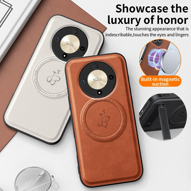 

For Honor X9A X9C X9B Magnetic Wireless Charging Leather Phone Case Holder Shockproof Silicone Protection Cover Cases Bracket