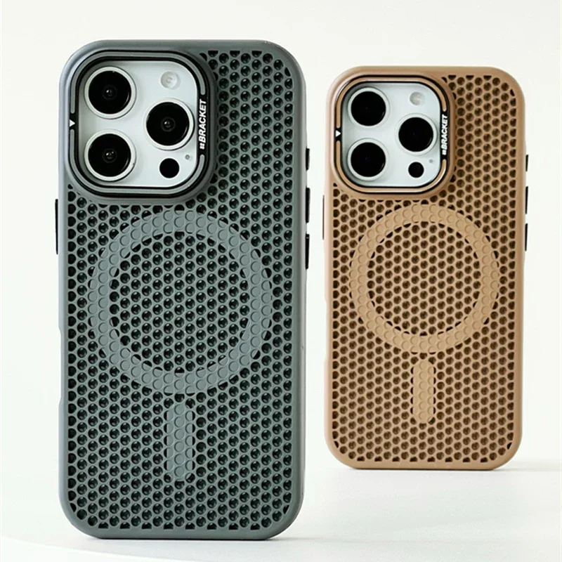 Funda con rejilla de panal para disipación de calor, compatible con MagSafe para iPhone 16 17 Pro Max 15 14 13 12 11, soporte de lente de aleación, carga inalámbrica