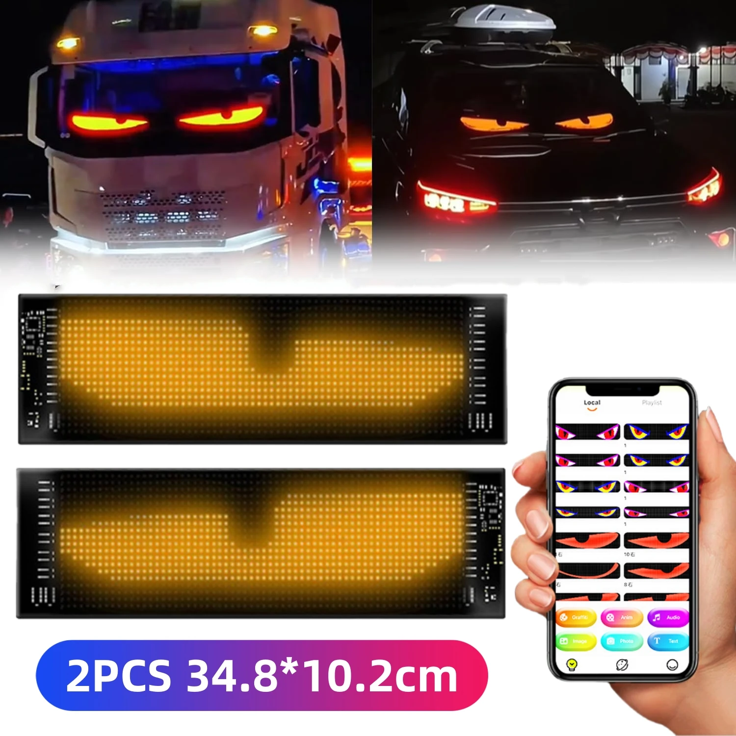 

2PCS Devil Eyes Light For Car Window Flexible LED Display Screen Panel Demon Dynamic Big Eye Lights For Windshield