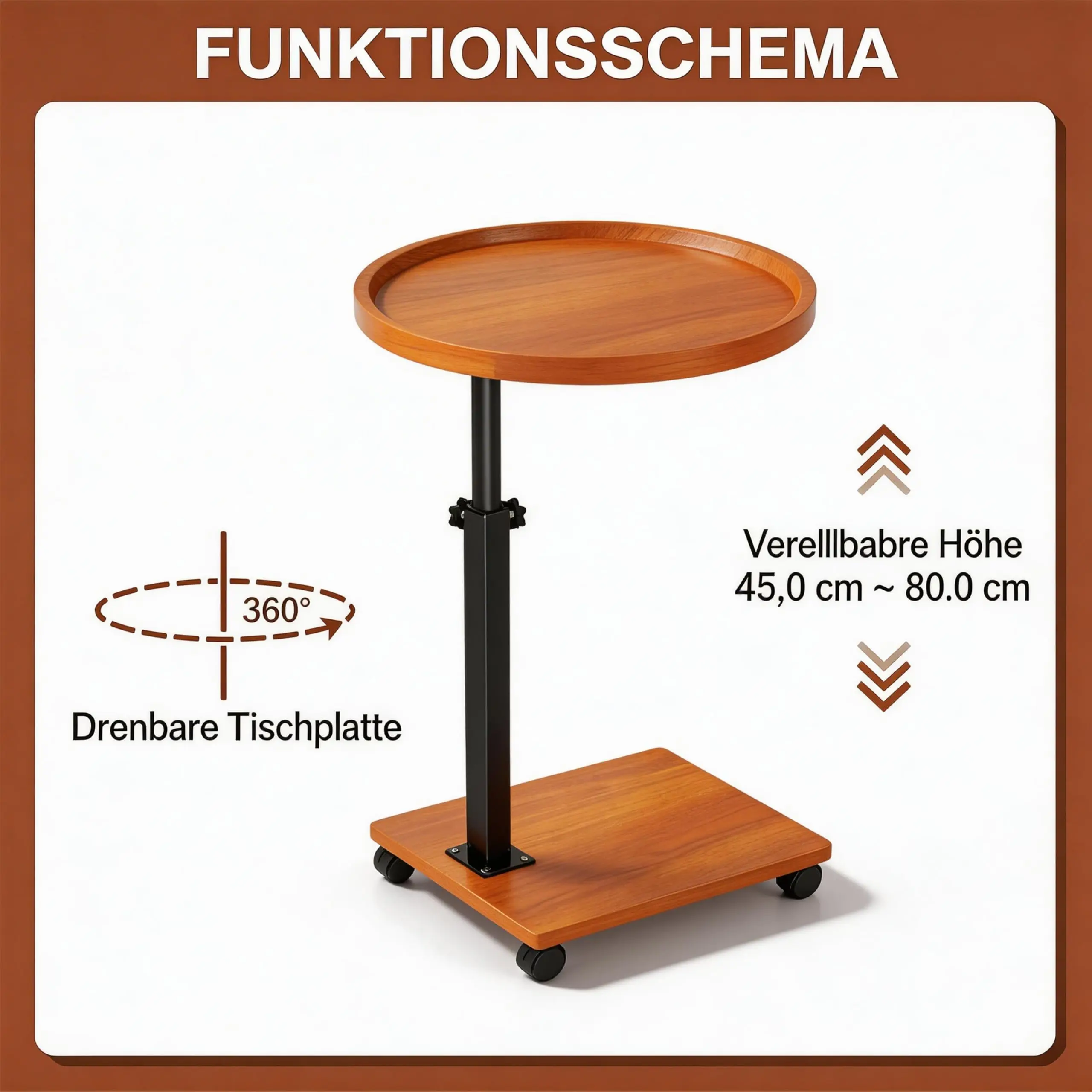 Afbeelding 3: Bijzettafel met wielen, salontafel Ronde C-vormige bijzettafel in hoogte verstelbaar 45-80cm, kleine tafel met 360° draaibare functie °   draaibare bar – bank- of bedbijzettafel voor woonkamer, slaapkamer, houtverf