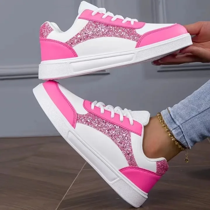 Women Glitter Skate Shoes Pink White Color Matching Sneakers Fashion Lace-up Casual Flat Walking Shoes Ladies Daily Streetwear F view 4