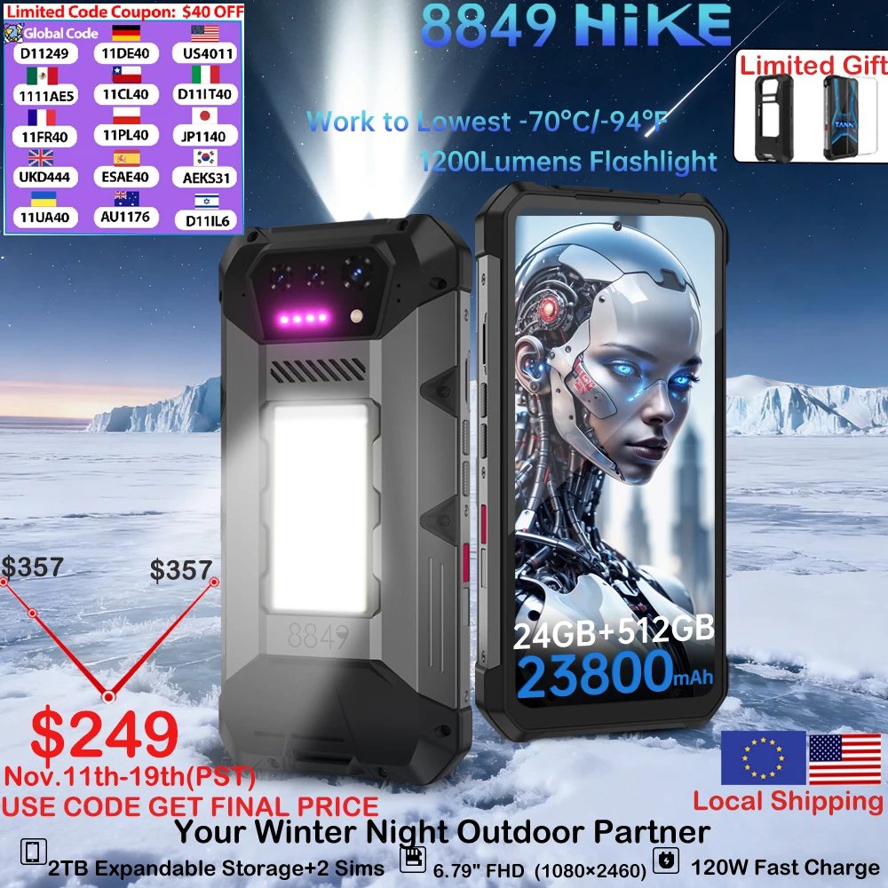 

8849 Hike Unihertz Rugged Smartphone 23800mAh 24GB+512GB Expandable 2TB 1200Lumen Flashlight Android14 Two Speakers 6.79'' 120Hz
