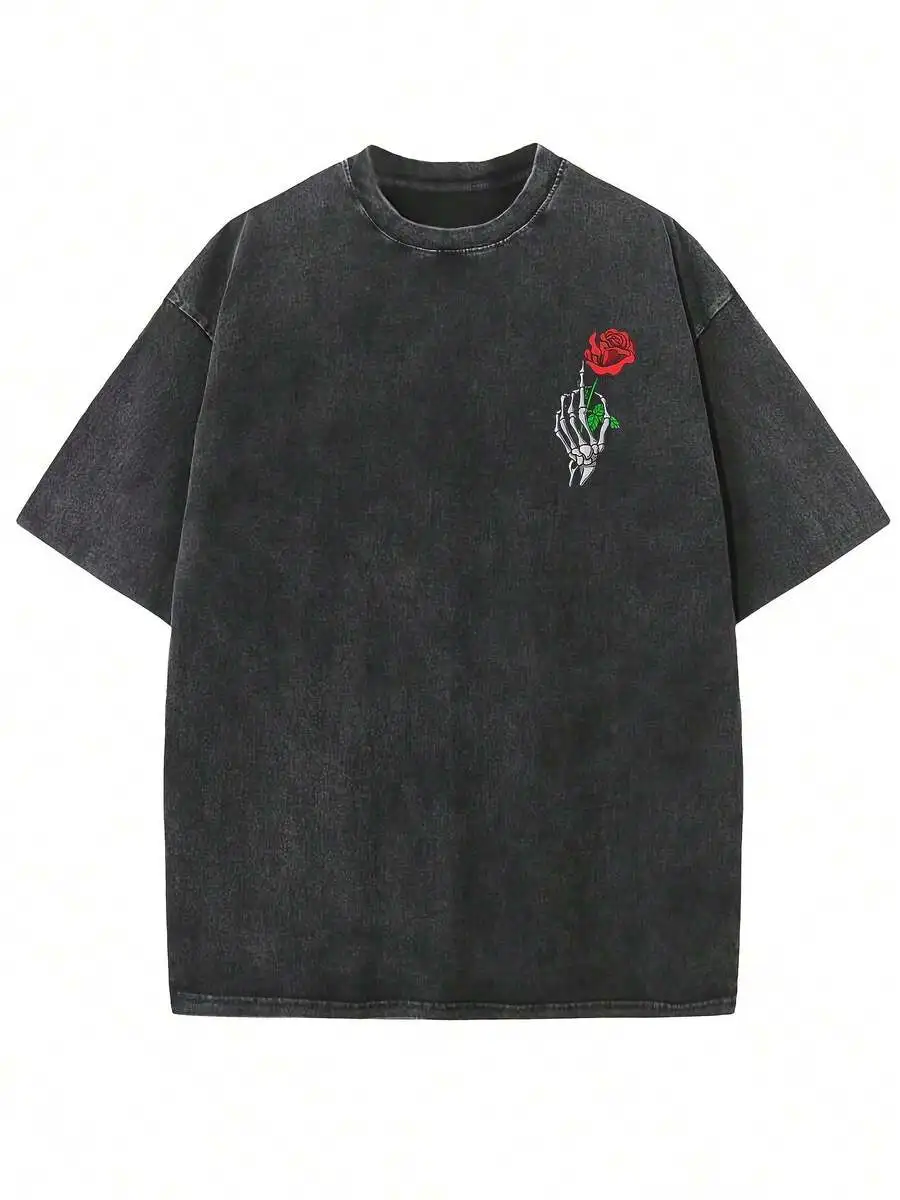 Retro Faded Black Oversize Soft Cotton Graphic Tee For Men Women, Dark Skeleton Red Embroidery Pattern, All-Match Daily Gothic Tops, Unique Novelty Holiday Present