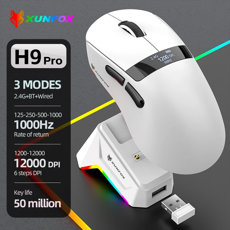 59g Superlight Wireless Gaming Mouse with Magnetic RGB Charging Dock，BT/2.4G Wireless/Wired Mouse, 22000 DPI，5 Programmable Butt