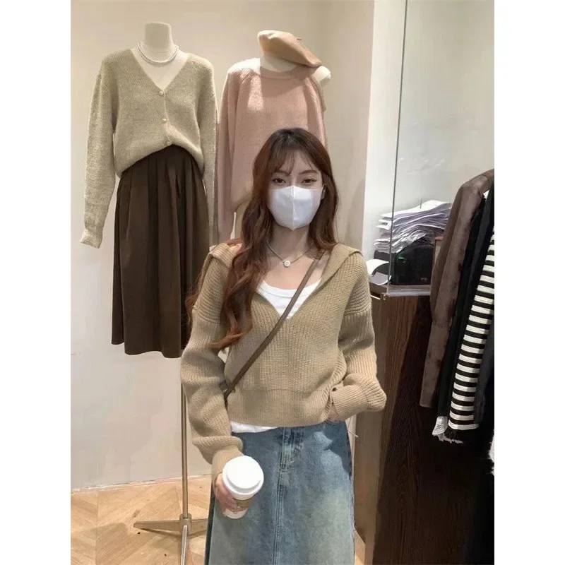 Vintage V-neck Navy Neck Short Sweater Long Sleeve Top Black Grey Y2k Clothes Sueter Grunge Aesthetics  Knit Korean Tops