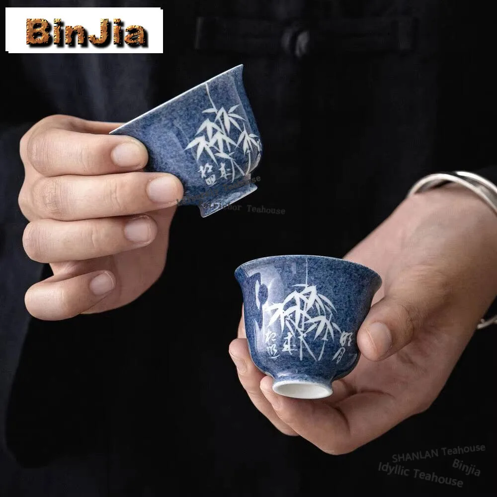 2pc/set Sprinkle Blue Master Cup Household Handpainted Bamboo Teacup Luxury Meditation Cup Bowl Tea Ceremony Craft Gifts 40ml