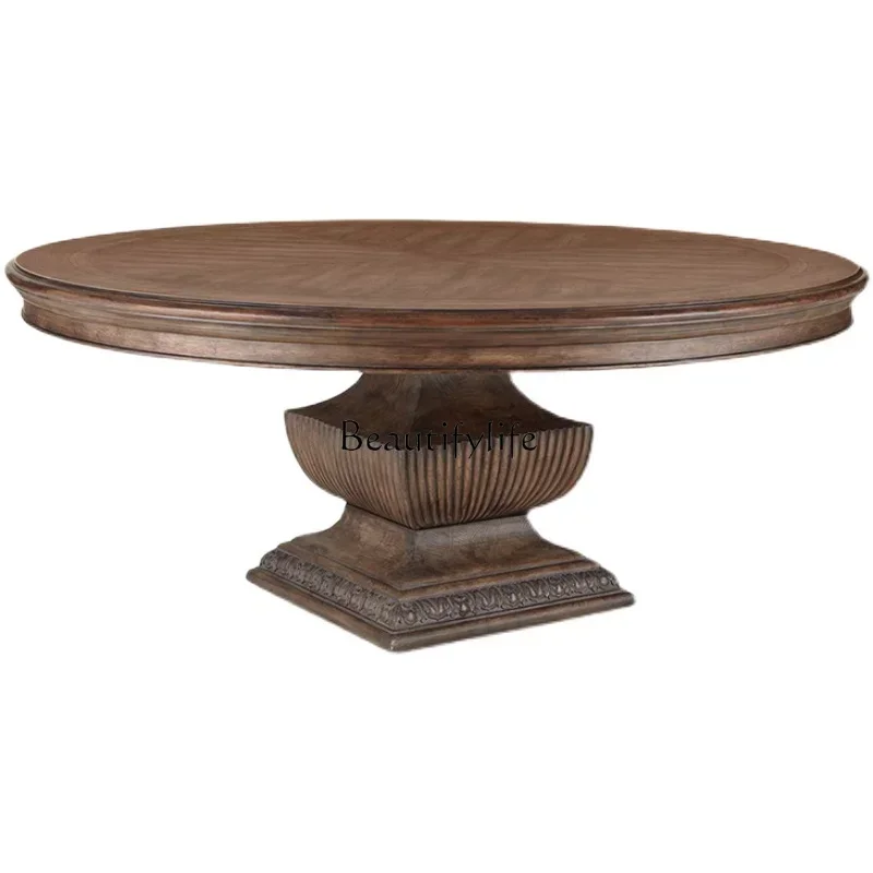 

American Style Dining Table Light Luxury Solid Wood Carved round Meal French Retro Distressed Country Simple