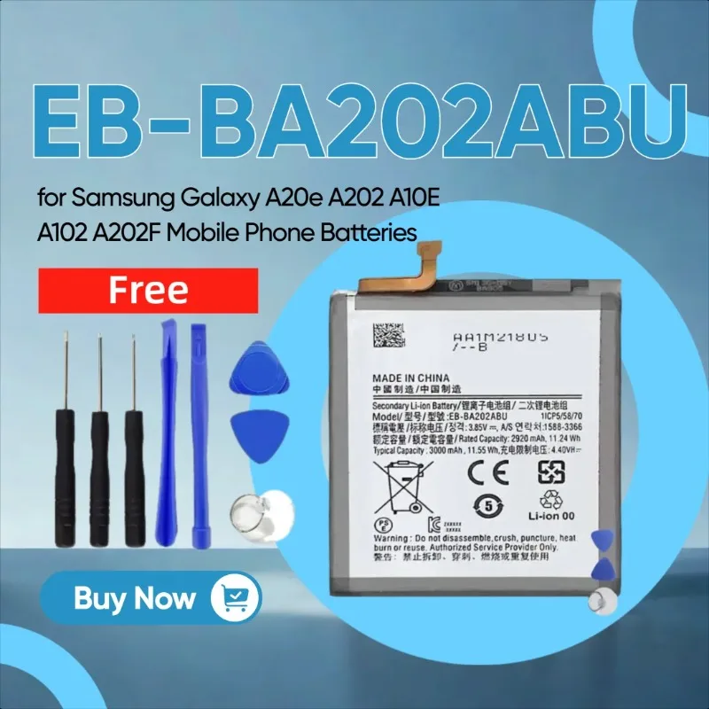 

3000mAh EB-BA202ABU Replacement Battery for Samsung Galaxy A20e A202 A10E A102 A202F Mobile Phone Batteries
