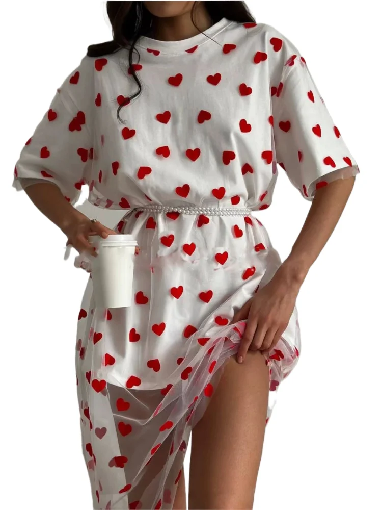 

Fashion Print Mesh Yarn Dress Lady Casual O Neck Short Sleeve Pullover Loose T Shirt Dresses For Women Holiday Womens Clothing