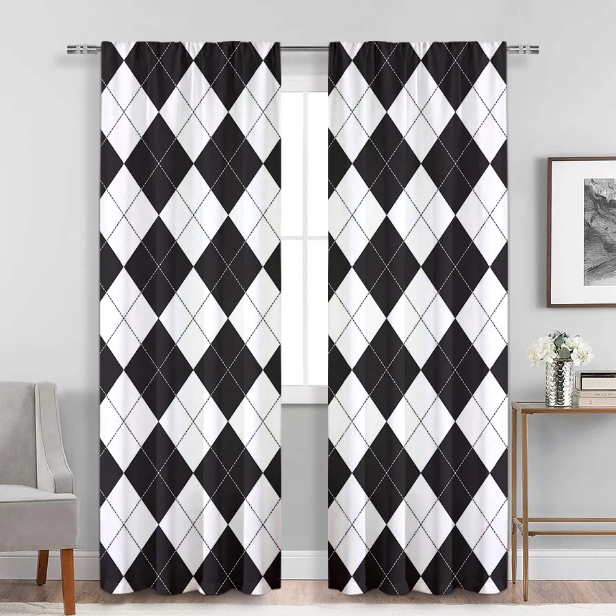 2PCS Digital Print Curtains, Black White Diamond Argyle Dashed Stitching Lines, Preppy Modern for Living Room Bedroom Decor