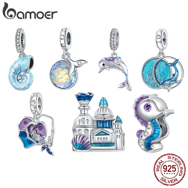 

bamoer 925 Sterling Silver Dream Ocean Series Enamel Charms, Mermaid Fishtail Hippocampus Shell Heart Scaly Castle Charm BSC433