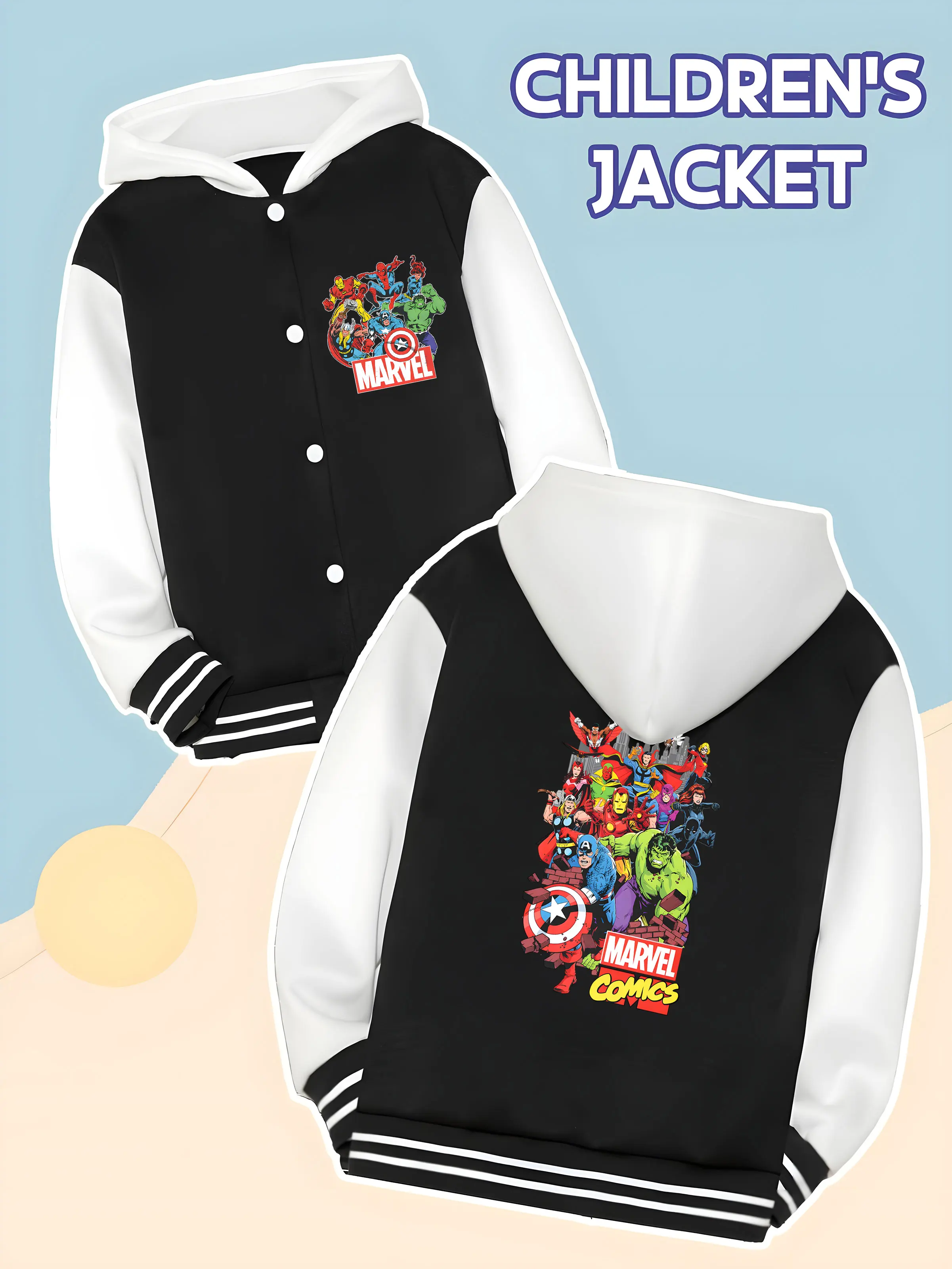 

MINISO Marvel Avengers Heroes Collection Boys' Baseball Jacket - Avengers Heroes Collection Print, Double-sided Presentation of