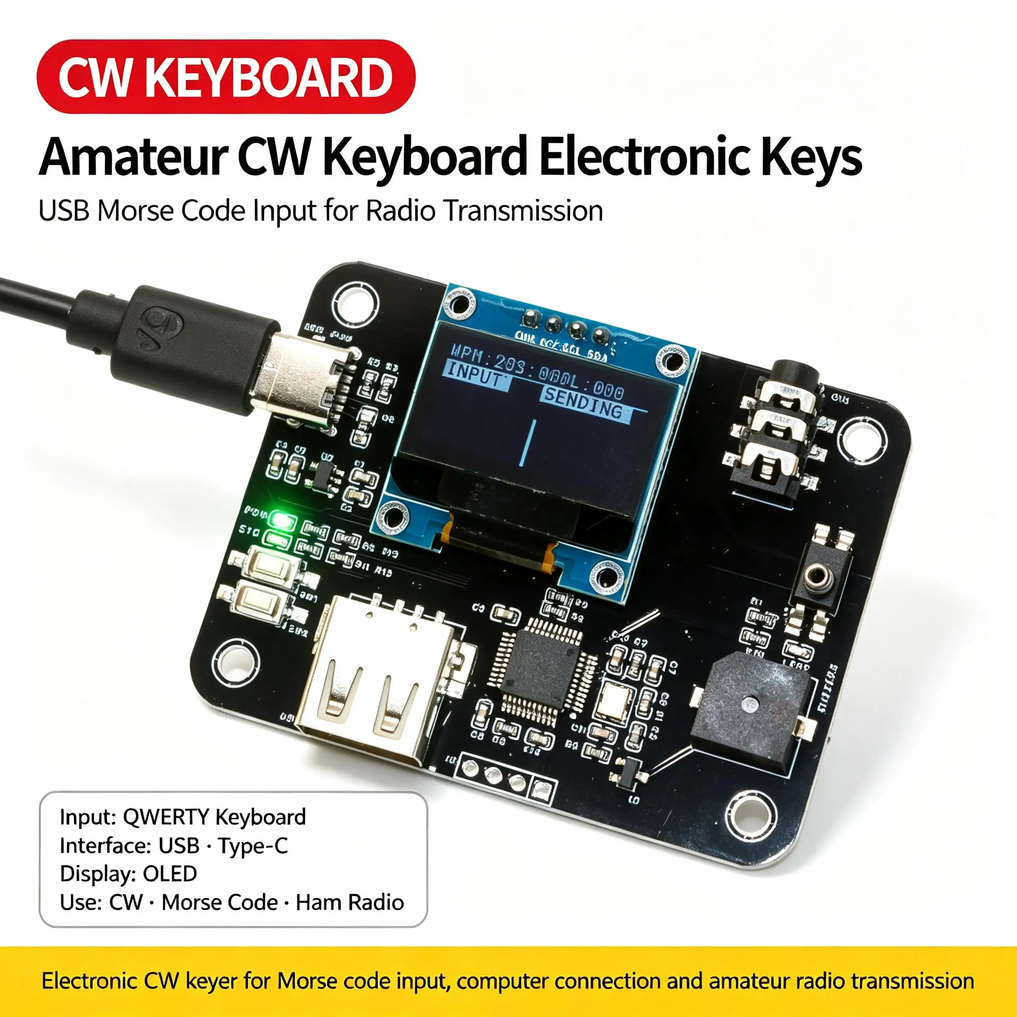 DYKB Amateur CW Keyboard Electronic Key USB Digital Display Morse Code QWERTY Radio Transmission HAM Radio Telegraph Keyer