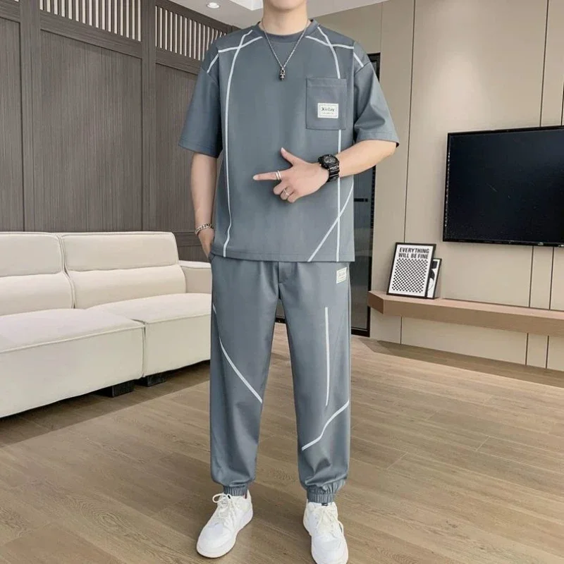 

Nylon T-shirts Pants Suits for Men Polyester Fashion 2025 Loose New in Matching Two Piece Set Korean Style Tee Man Trousers Sets