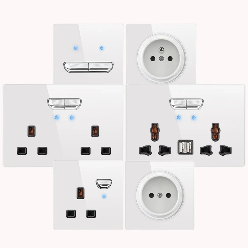 

UK/EU International white wall light switch panel Tempered glass self-reset 1/2/3/4 Gang 1/2 /3Way LED indicator panel