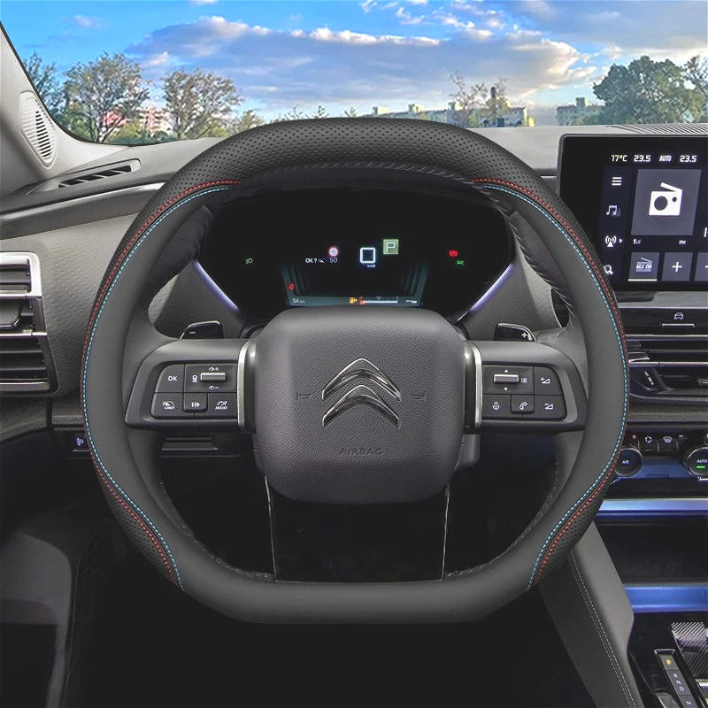 Für Citroen C5X C5 C3 Aircross C4 Cactus 2025 2026 Doppel-D-Form Lenkradbezug aus Napa-Leder Auto-Innenausstattung Zubehör