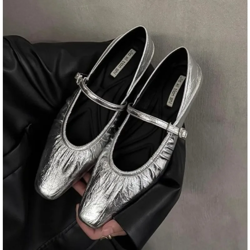 

New Style Brand Women Flats Silvery Women Mary Janes Shoes Comfort Street Style Soft Sole Female Dress Flats Shoes Zapatos Mujer
