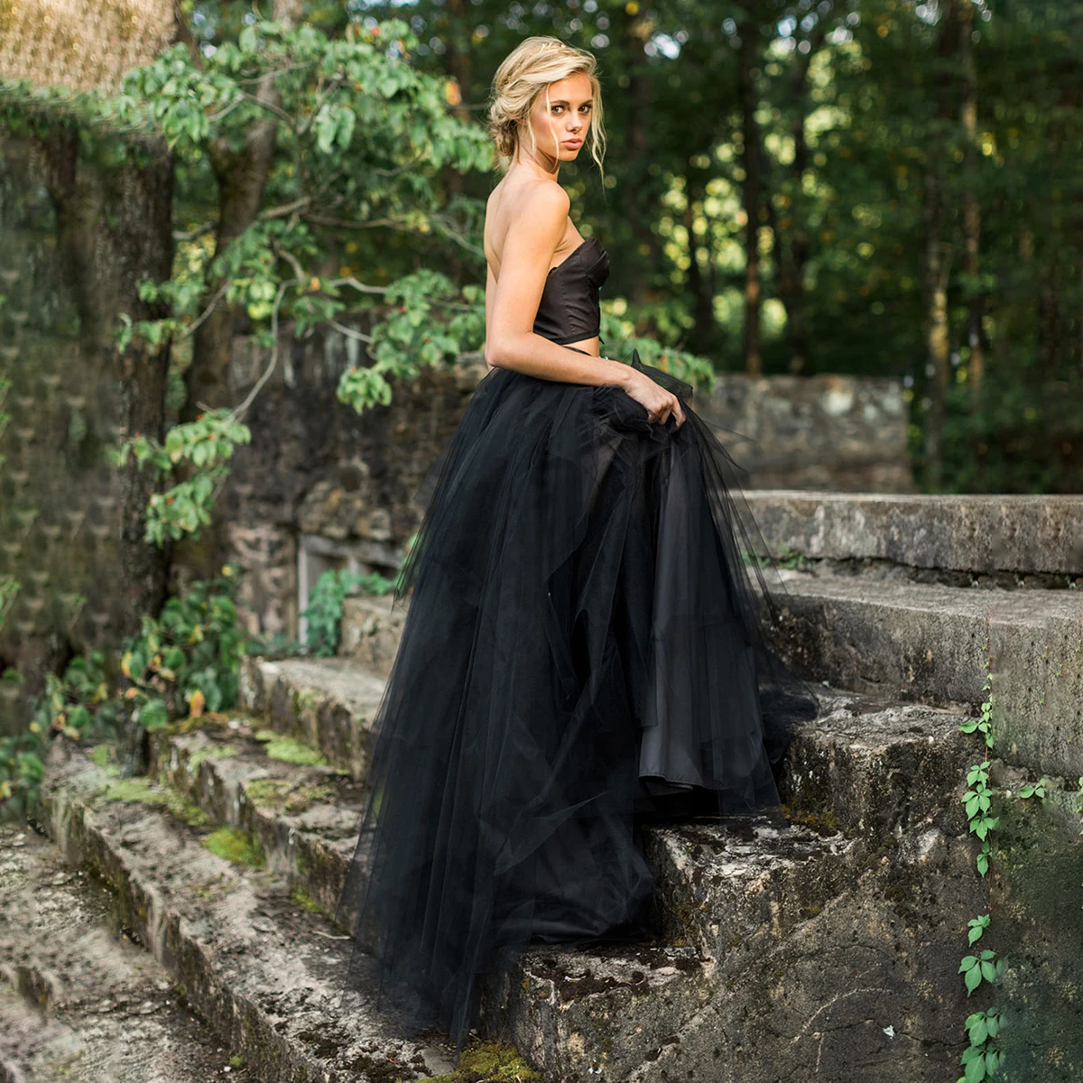 Duas peças de topo de colheita vestido de casamento preto feito sob encomenda sem alças mais sizeiririrregular alta divisão tule saia fotografia vestidos de noiva