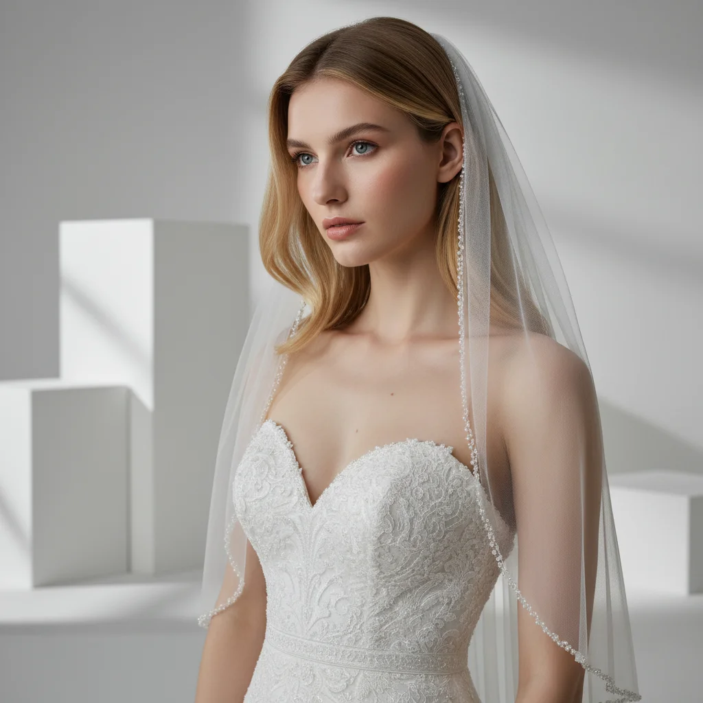 

Delicate Wedding Veils for Bride Pearls Wedding Veil with Crystals Sequins Edge Bridal Veils Wedding Crystal Beaded V134