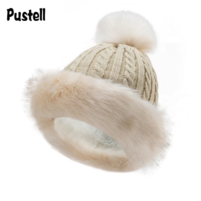 

Knitted Hat For Women Winter Thicken Plush Skullies Soft Wool With Pompom Lady Outdoor Keep Warm Beanies Female Cap